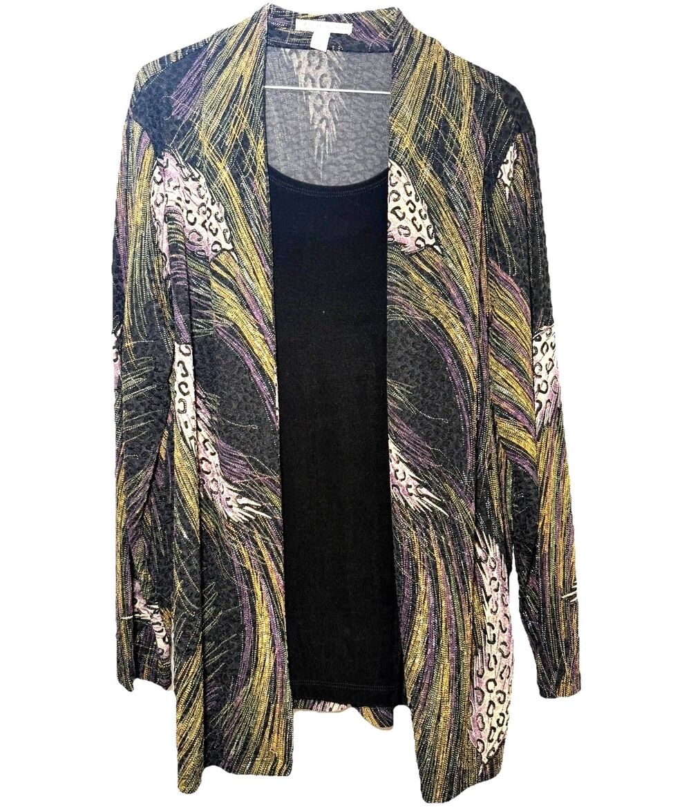JM Collection Woman 2X Faux Layered Top Metallic Animal Print Black Purple